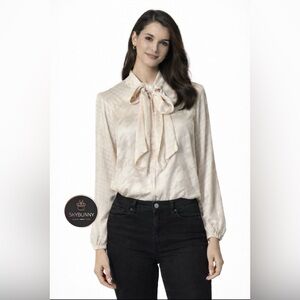 Anthropolgoie Mos Mosh Ecru Top M Medium Tie Neck Saloni Alia Long Sleeve NEW